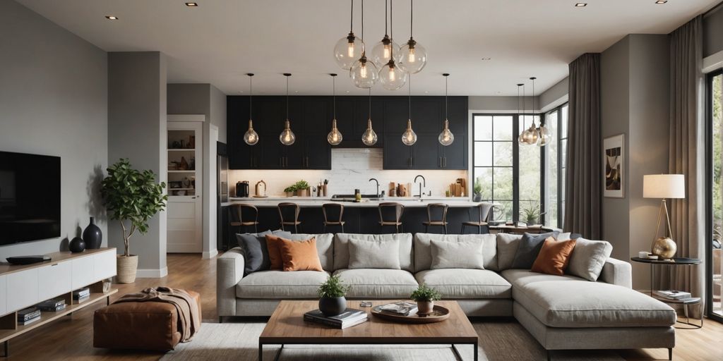 Stylish pendant lights in a cozy living room.