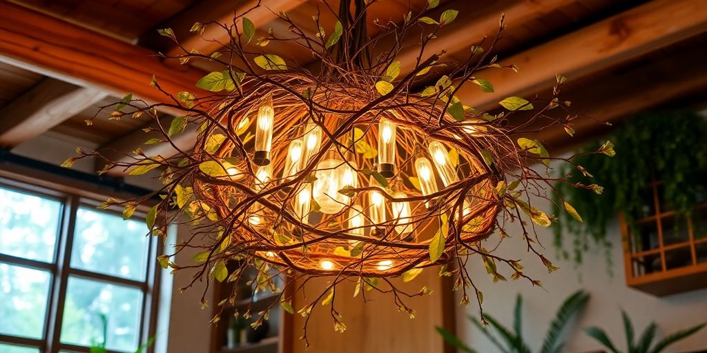 Nature chandelier with branches and soft glowing lights.