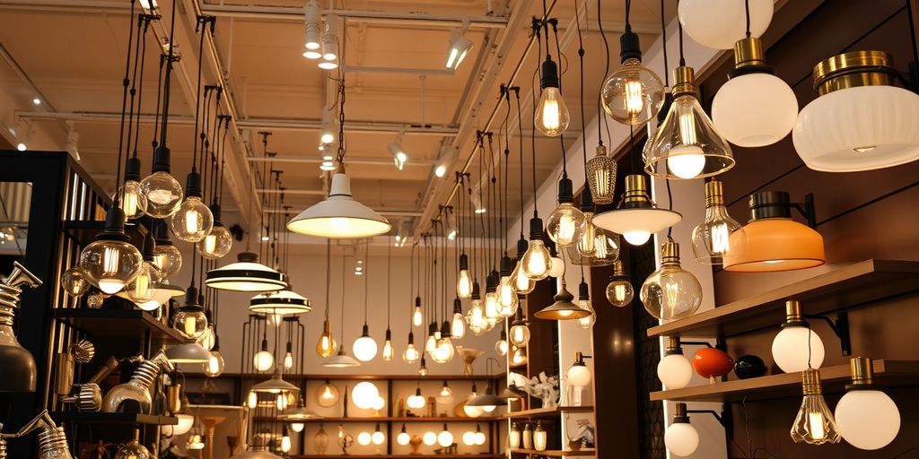 Modern lighting shop with various stylish light fixtures.