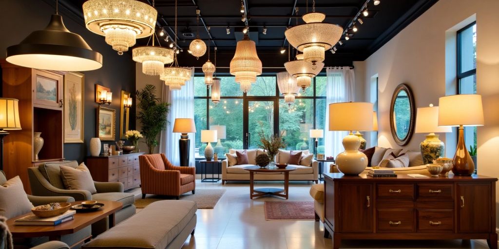 Elegant lighting fixtures in a modern showroom setting.