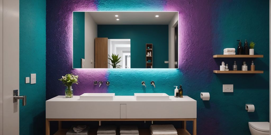 Bathroom with vibrant accent wall and stylish fixtures.