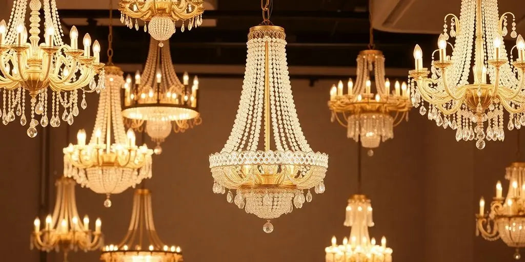 Elegant chandeliers with crystals and warm lighting for decor.