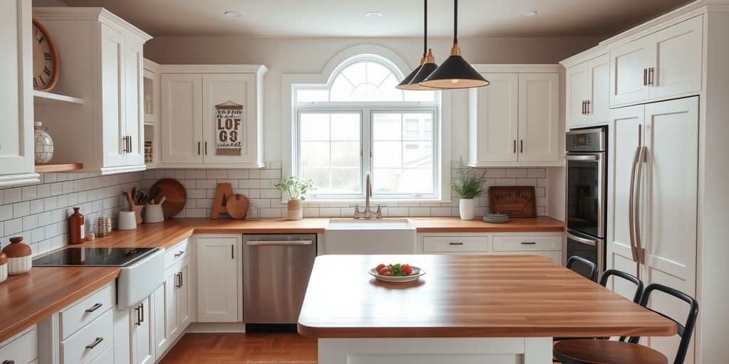 Modern farmhouse kitchen with white cabinets and wooden countertops.