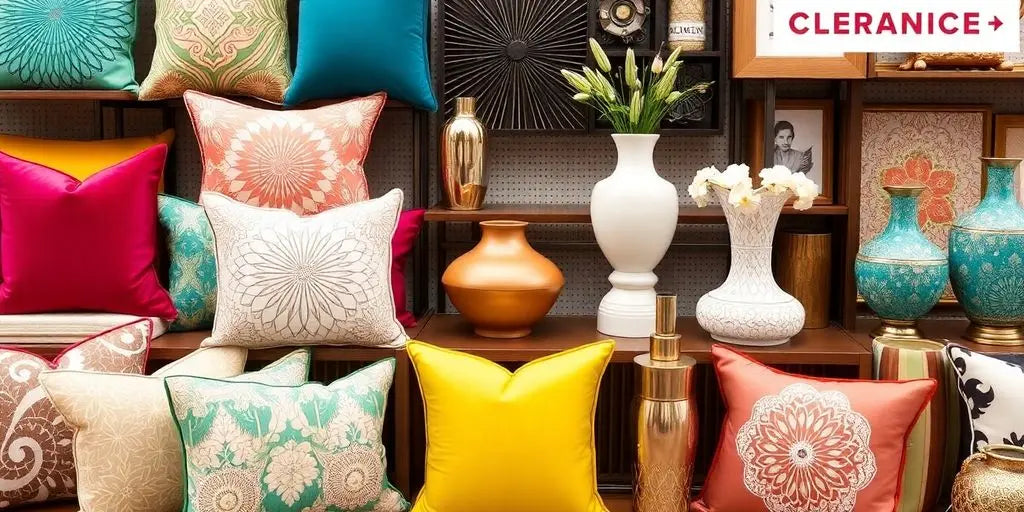 Colorful home decor items on clearance sale.