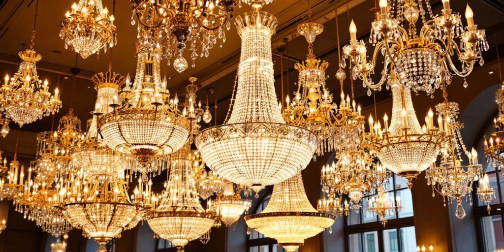 Elegant luxury chandeliers illuminating a lavish interior space.