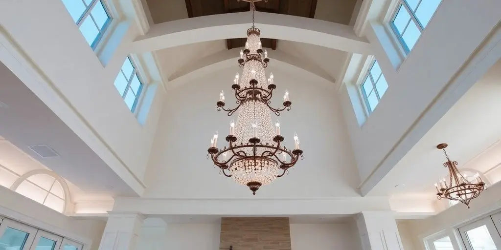 Beautiful chandelier in a modern vaulted ceiling interior.