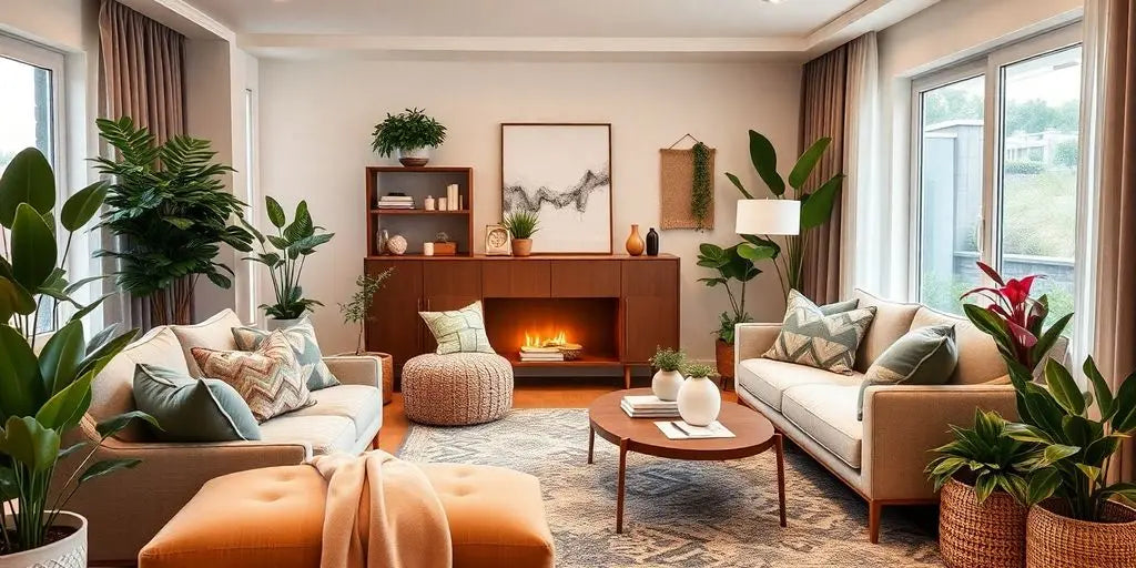 Modern living room with cozy furniture and vibrant decor.