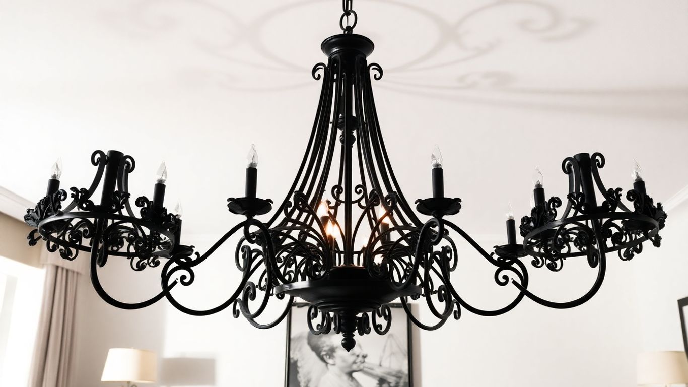 Elegant black chandelier in a modern living room.