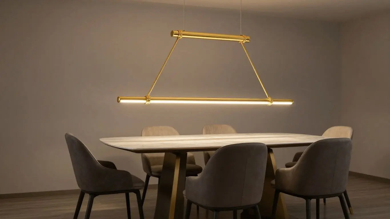 Elegant gold pendant light fixture over dining table.