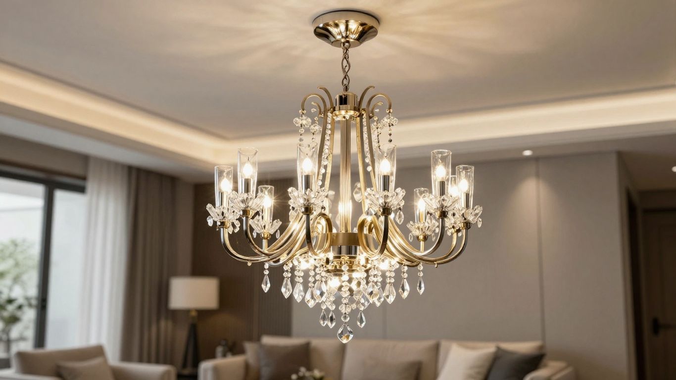 Modern chandelier in a UK home living room.