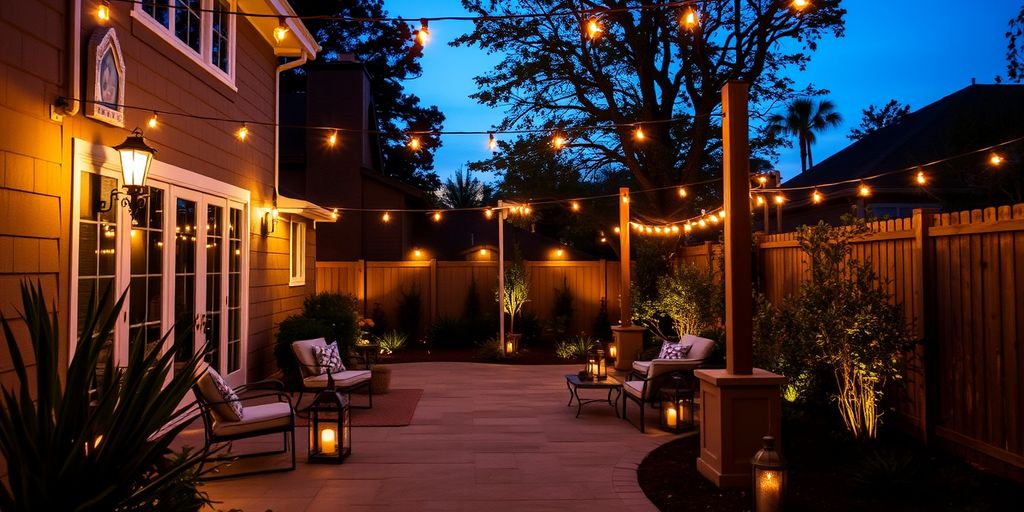 Backyard patio with elegant outdoor lighting