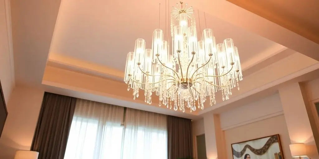 Modern chandelier with crystals illuminating a stylish interior space.