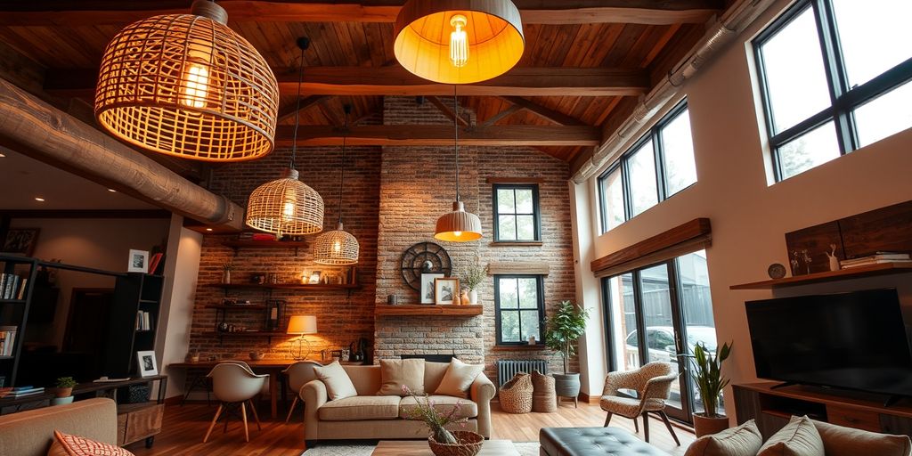 Cozy living room with wooden light fittings