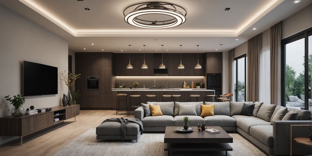 Modern living room with LED ceiling lights