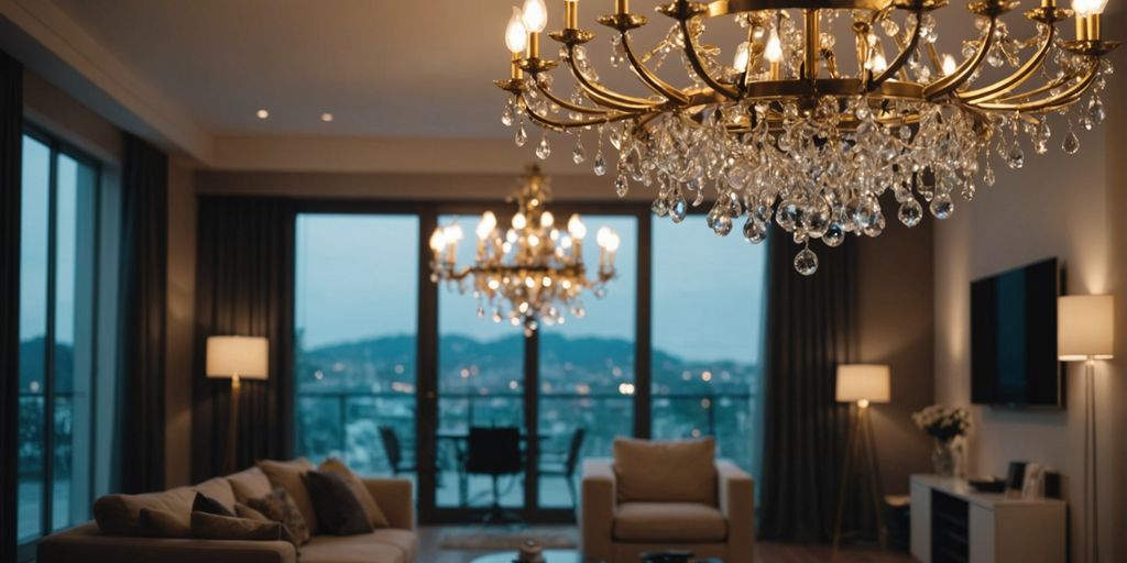 Modern chandeliers in a stylish living room setting.