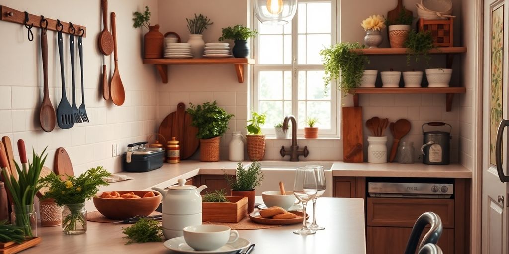 Cozy kitchen decor with herbs and rustic utensils.