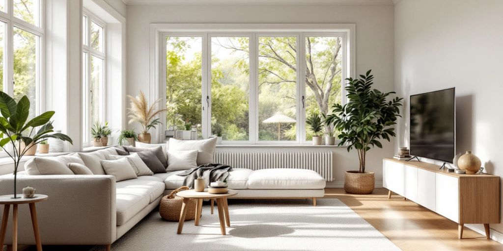 Minimalist Scandinavian living room with natural light and plants.