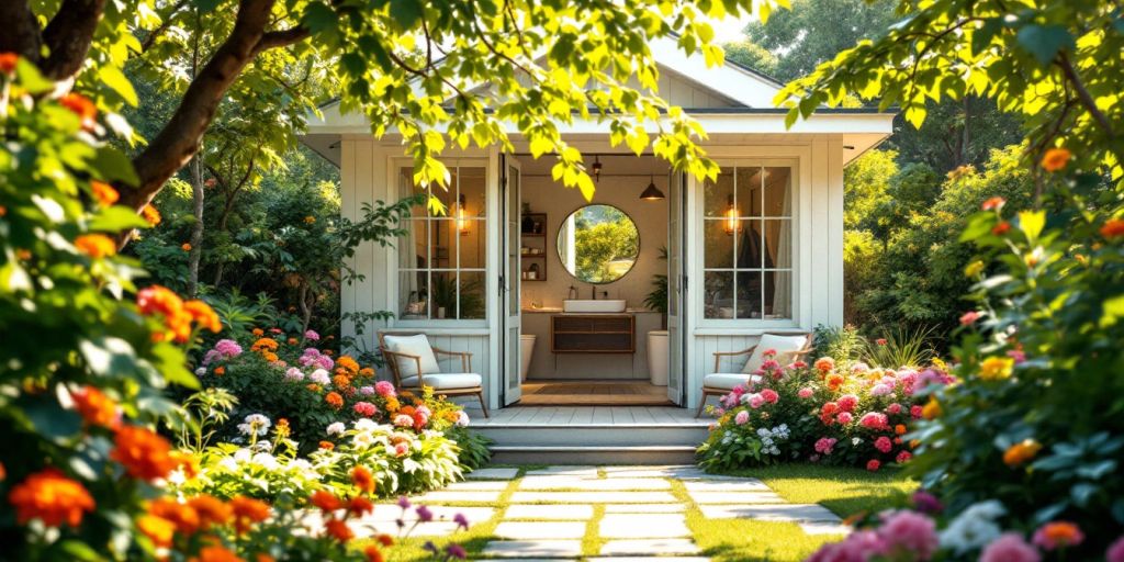 Charming garden house with a bathroom surrounded by greenery.