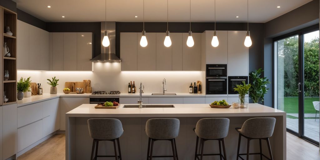 Modern kitchen with pendant light fittings