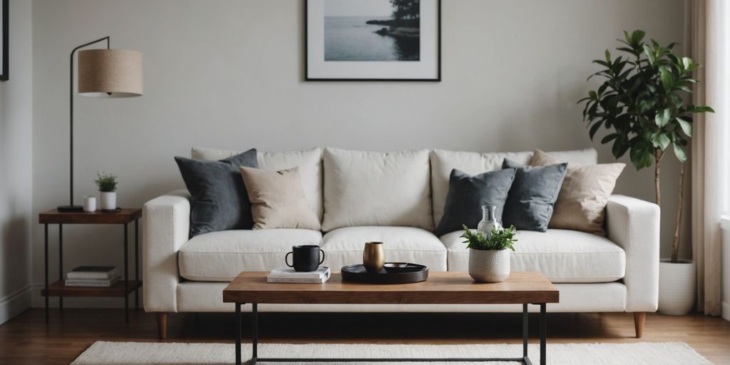 Simple living room with white sofa and wooden table.