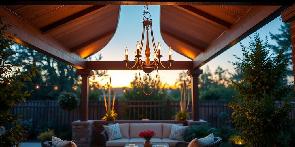 Outdoor patio with weatherproof chandelier