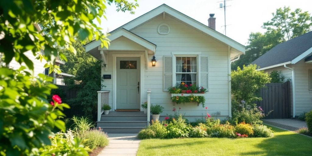 Cozy affordable home with green surroundings and inviting porch.