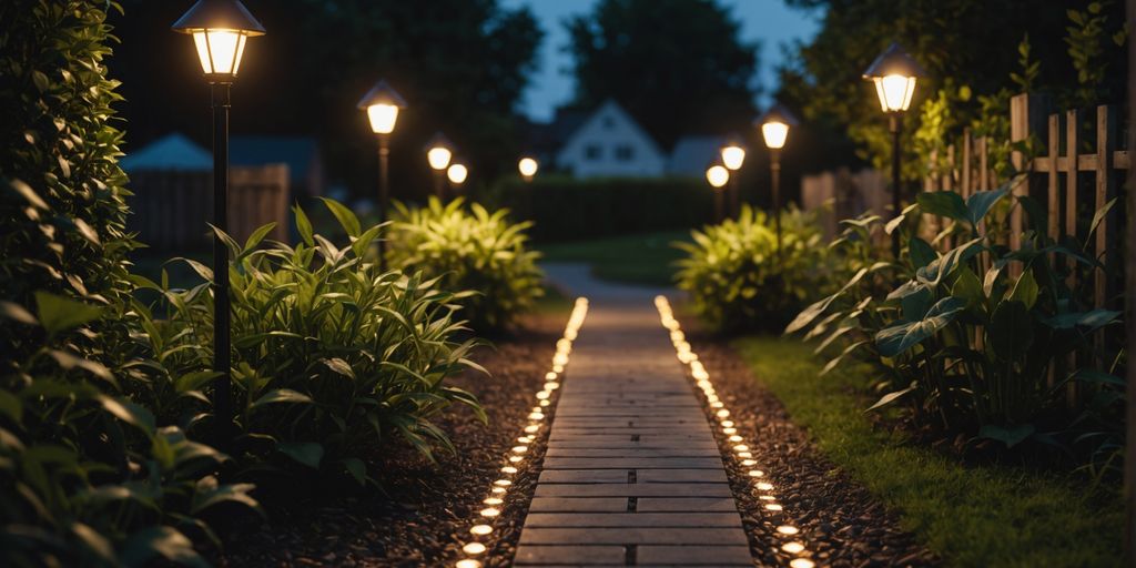 Garden path illuminated by solar lights at dusk