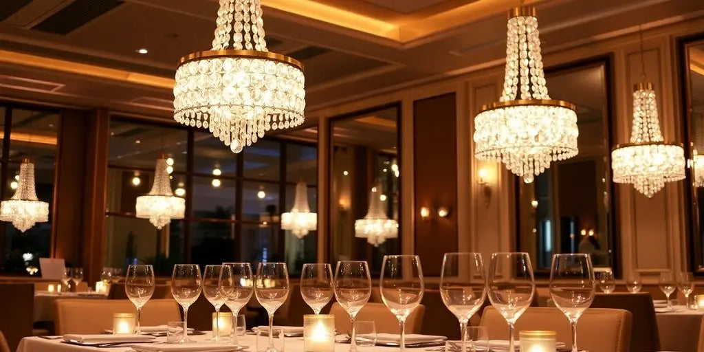 Elegant crystal lights illuminating a stylish dining room.