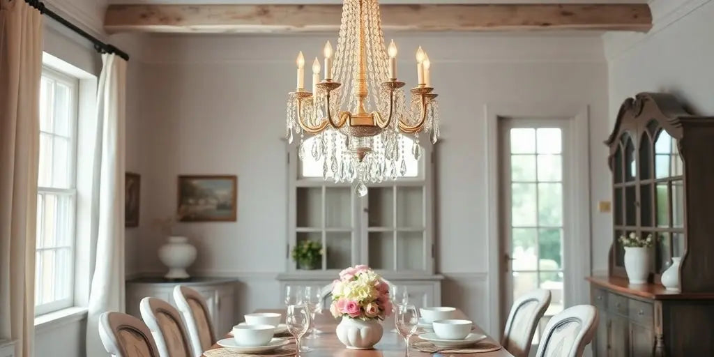 Elegant French country dining room with chandelier.