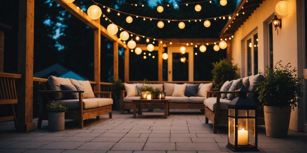 Outdoor lantern lights illuminating a cozy patio space.