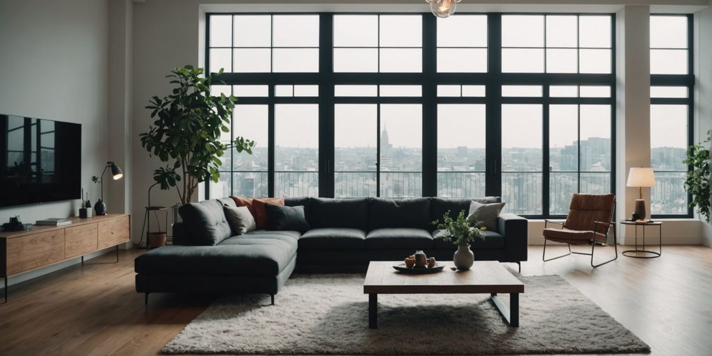 Minimalist living room with large windows and ample space.