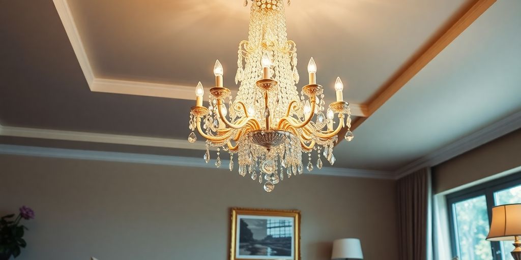 Elegant chandelier in a stylish living room setting.