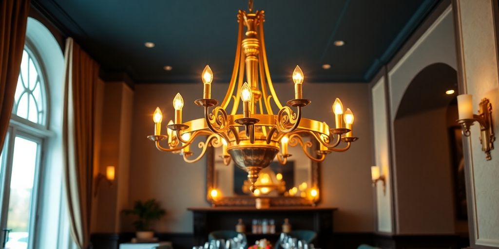 Elegant brass chandelier in a stylish dining room.