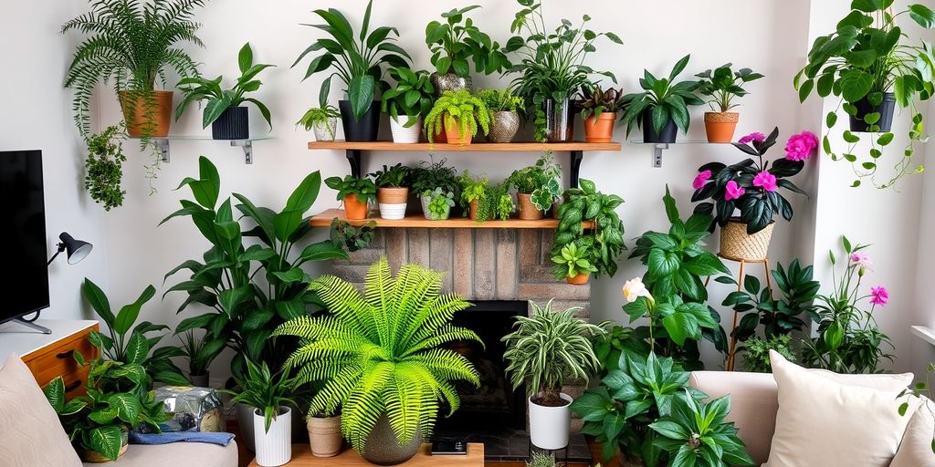 Living room with vibrant indoor plants