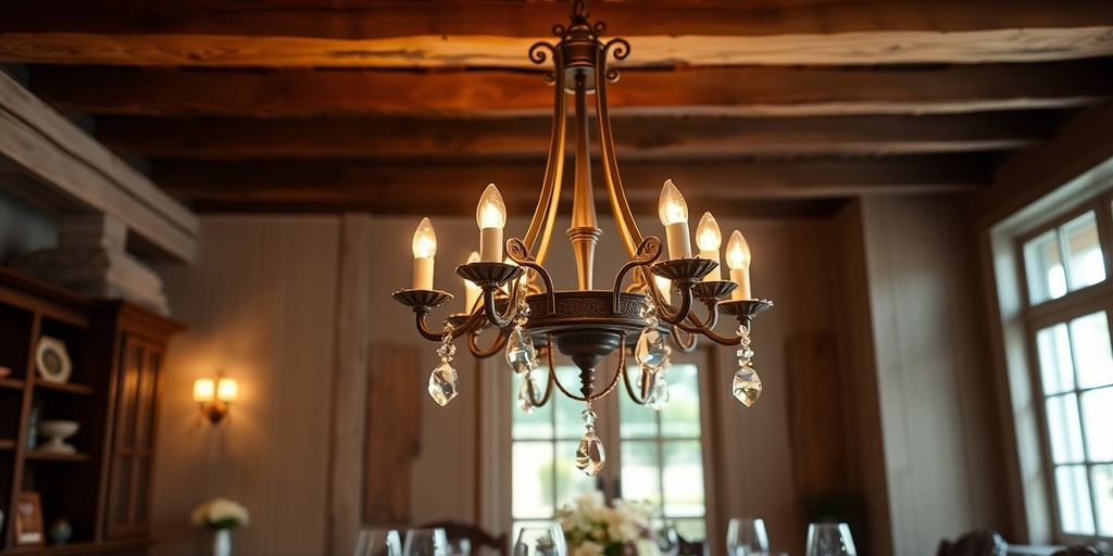 Elegant French country chandelier illuminating a rustic dining space.