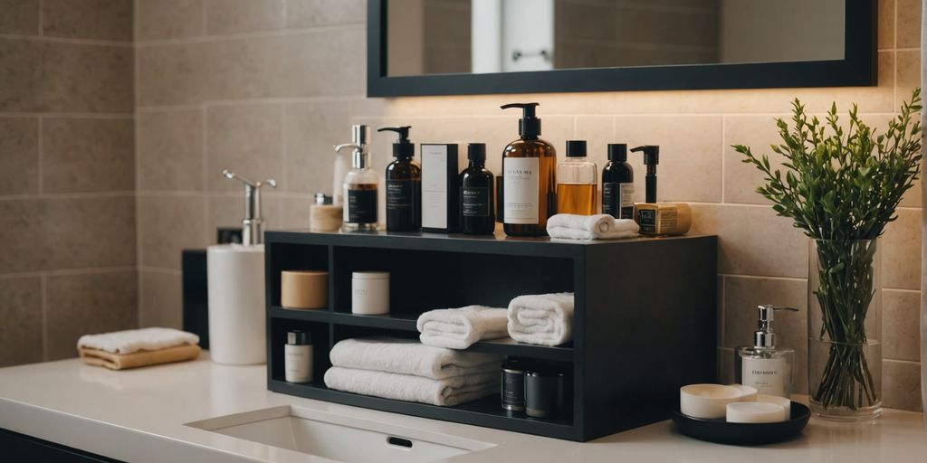 Bathroom with stylish storage solutions and accessories.