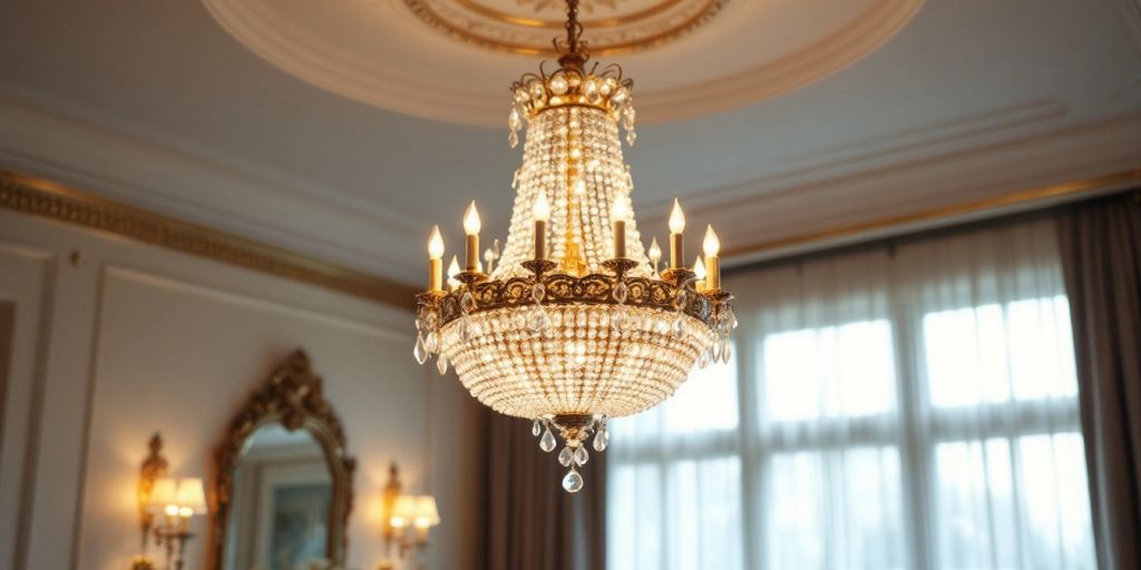 Luxurious chandelier with crystal details in elegant room.