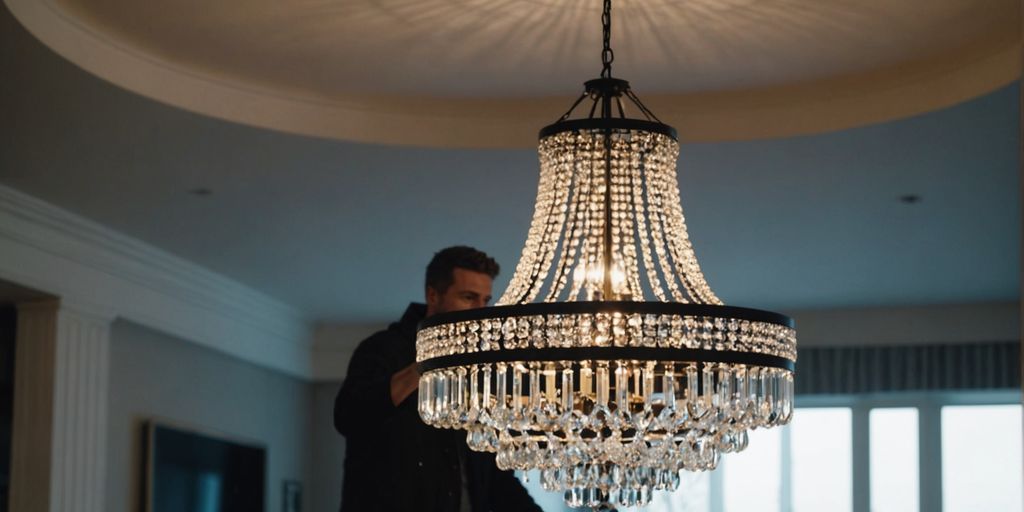 Chandelier installation in a contemporary living space