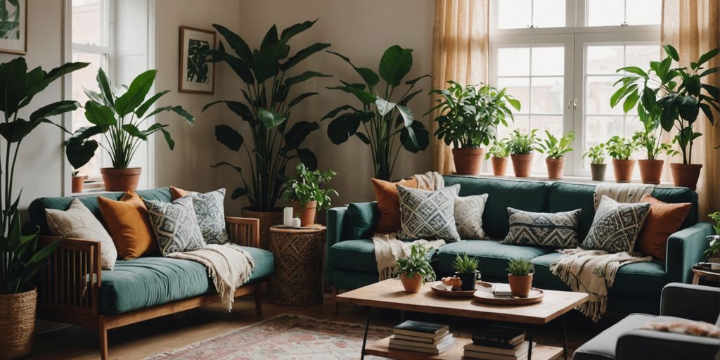 Boho living room with plants and patterned cushions.