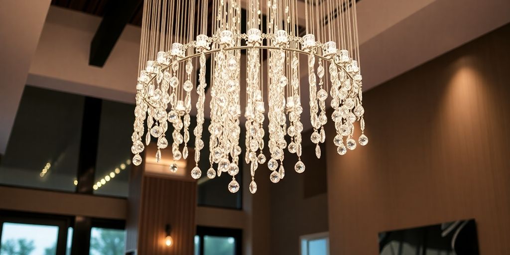 Elegant raindrop chandelier in a modern interior setting.