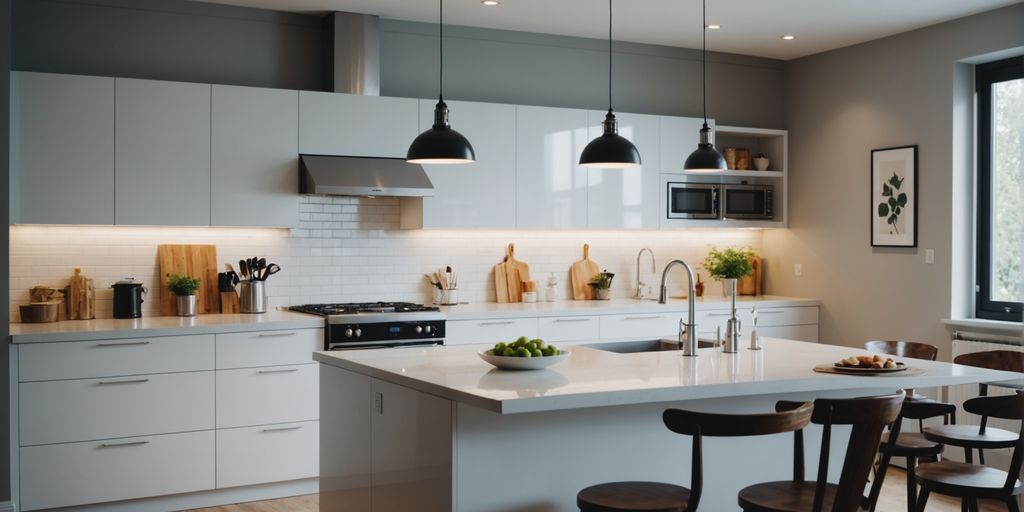 Modern kitchen with stylish lighting and contemporary decor.