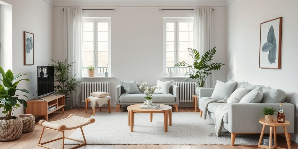 Minimalist Scandinavian living room with natural elements and decor.