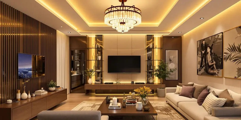 Elegant designer ceiling lights in a stylish living room.