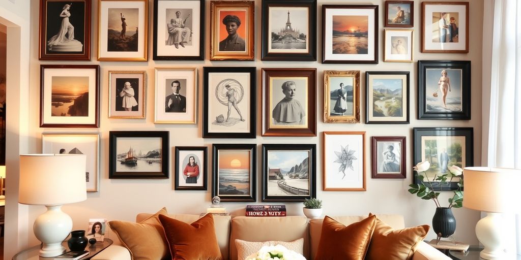 Gallery wall with diverse framed art in a living room.