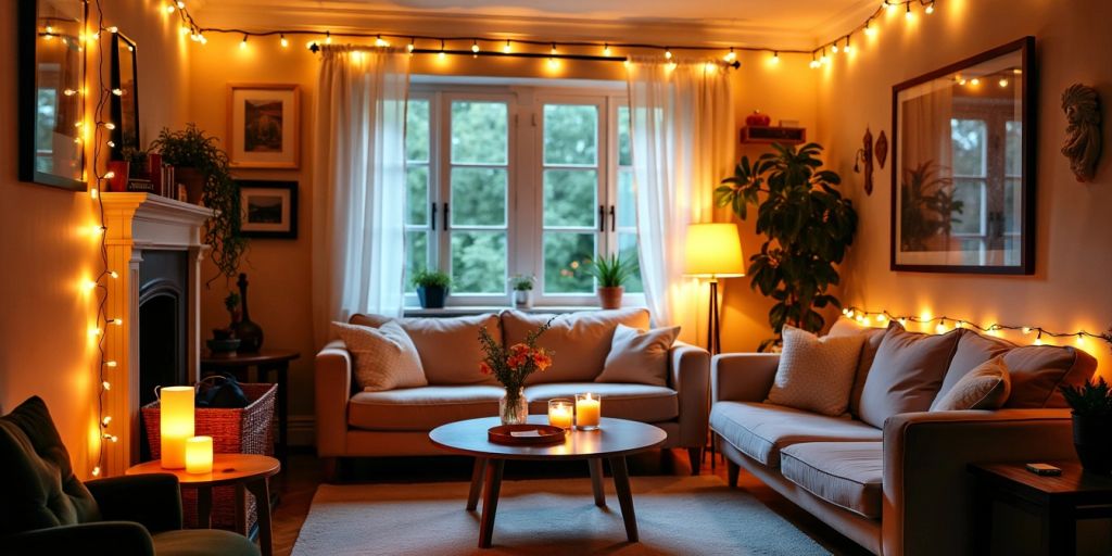 Cozy room with warm, inexpensive lighting solutions.