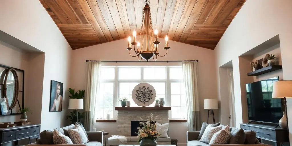 Farmhouse country chandelier in modern living room setting.