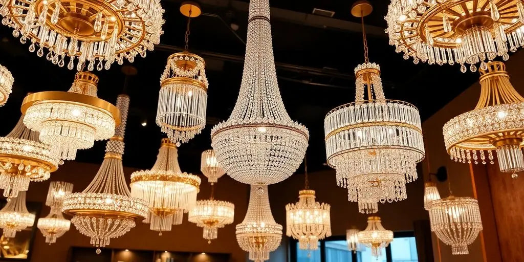 Modern chandeliers with crystals in a stylish interior.