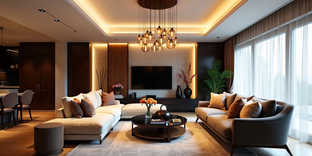 Stylish ceiling lights in a modern living room.