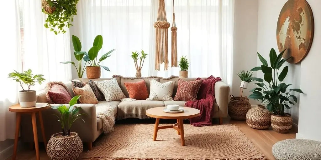 Boho living room with textiles, plants, and natural light.