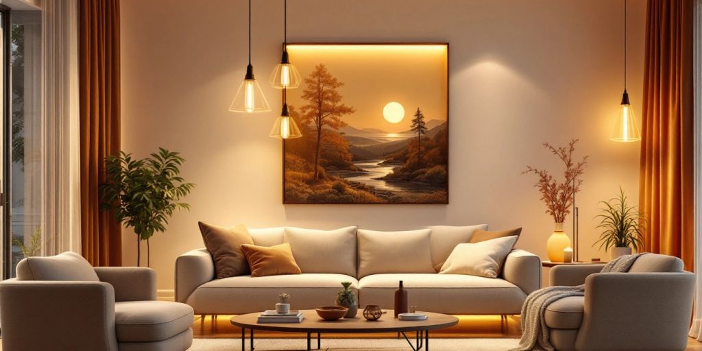 Stylish pendant lights illuminating a cozy living room.